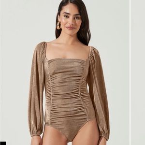 ASTR The Label Ruched Shimmer Bodysuit